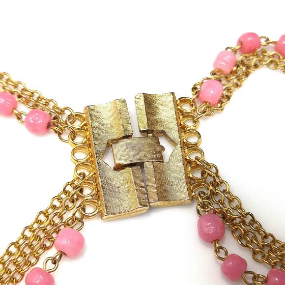 Vintage Pink Glass Multi Strand Necklace, Wide Gold Plated Clasp, 1950s - Picture 10 of 10